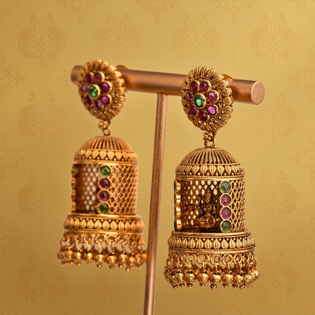 Antique Finish Lakshmi Mandapam Jumka Earrings alternate angle - Avalna